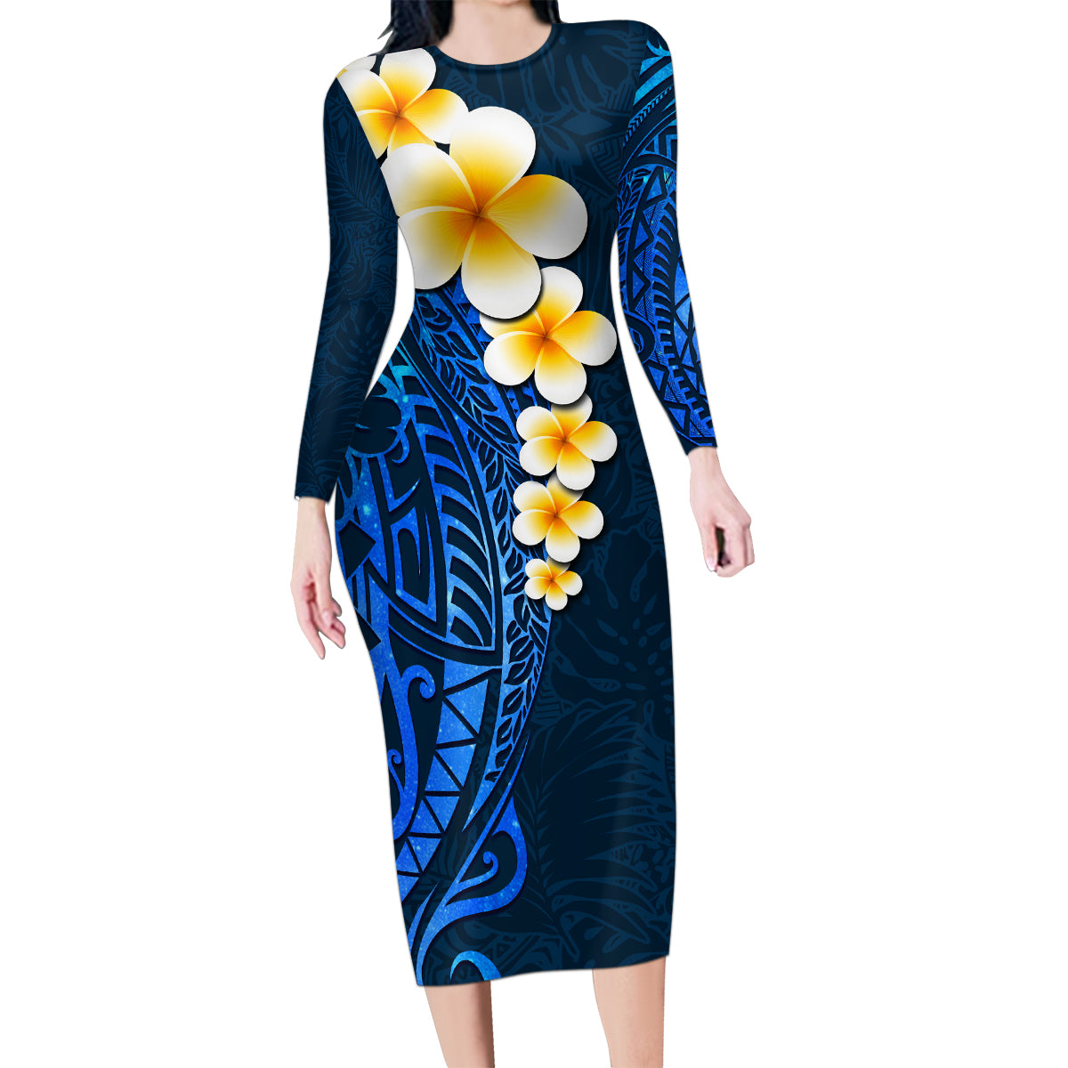 Blue Polynesia Family Matching Long Sleeve Bodycon Dress and Hawaiian Shirt Plumeria Tropical Leaves With Galaxy Polynesian Art - Wonder Print Shop