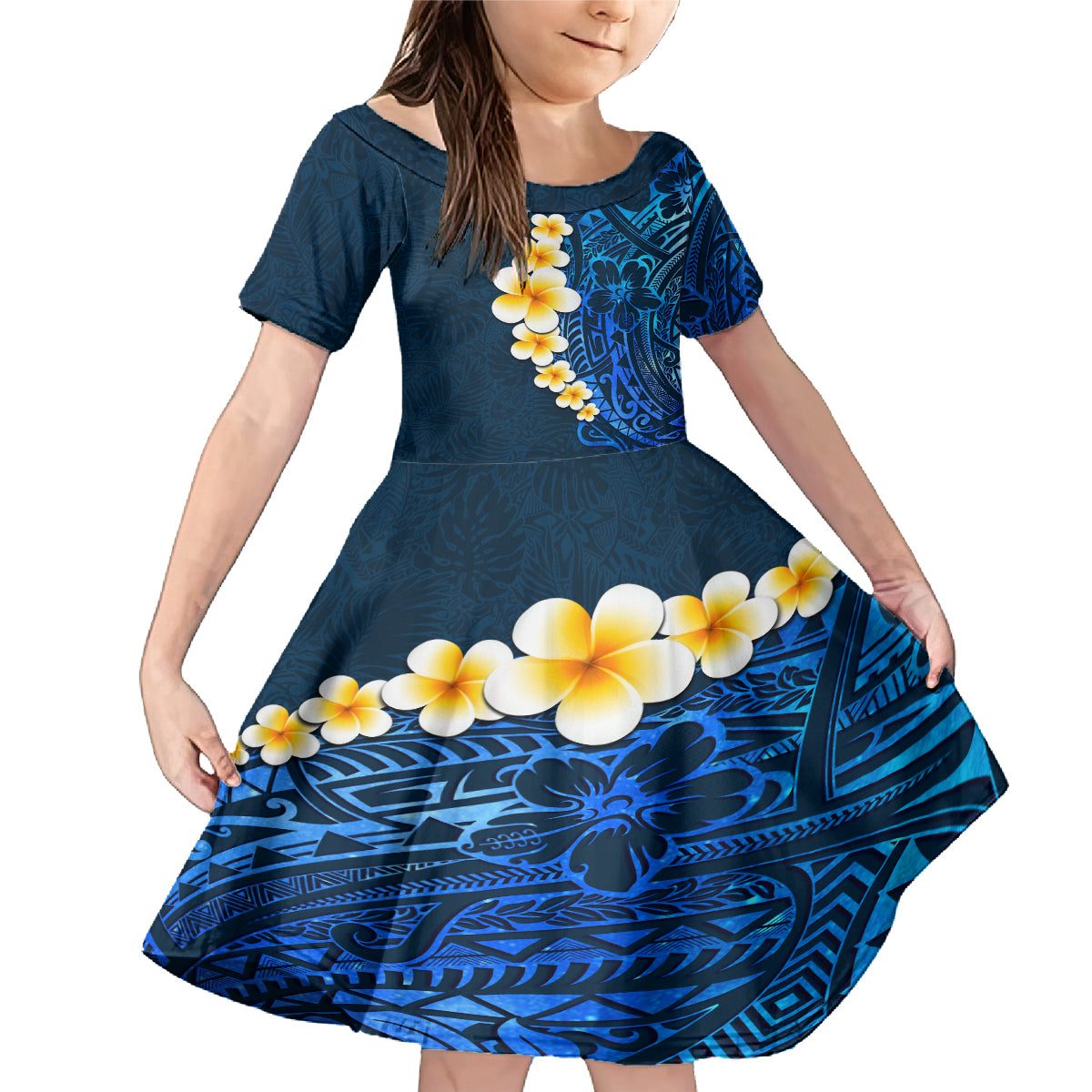 Blue Polynesia Family Matching Mermaid Dress and Hawaiian Shirt Plumeria Tropical Leaves With Galaxy Polynesian Art - Wonder Print Shop