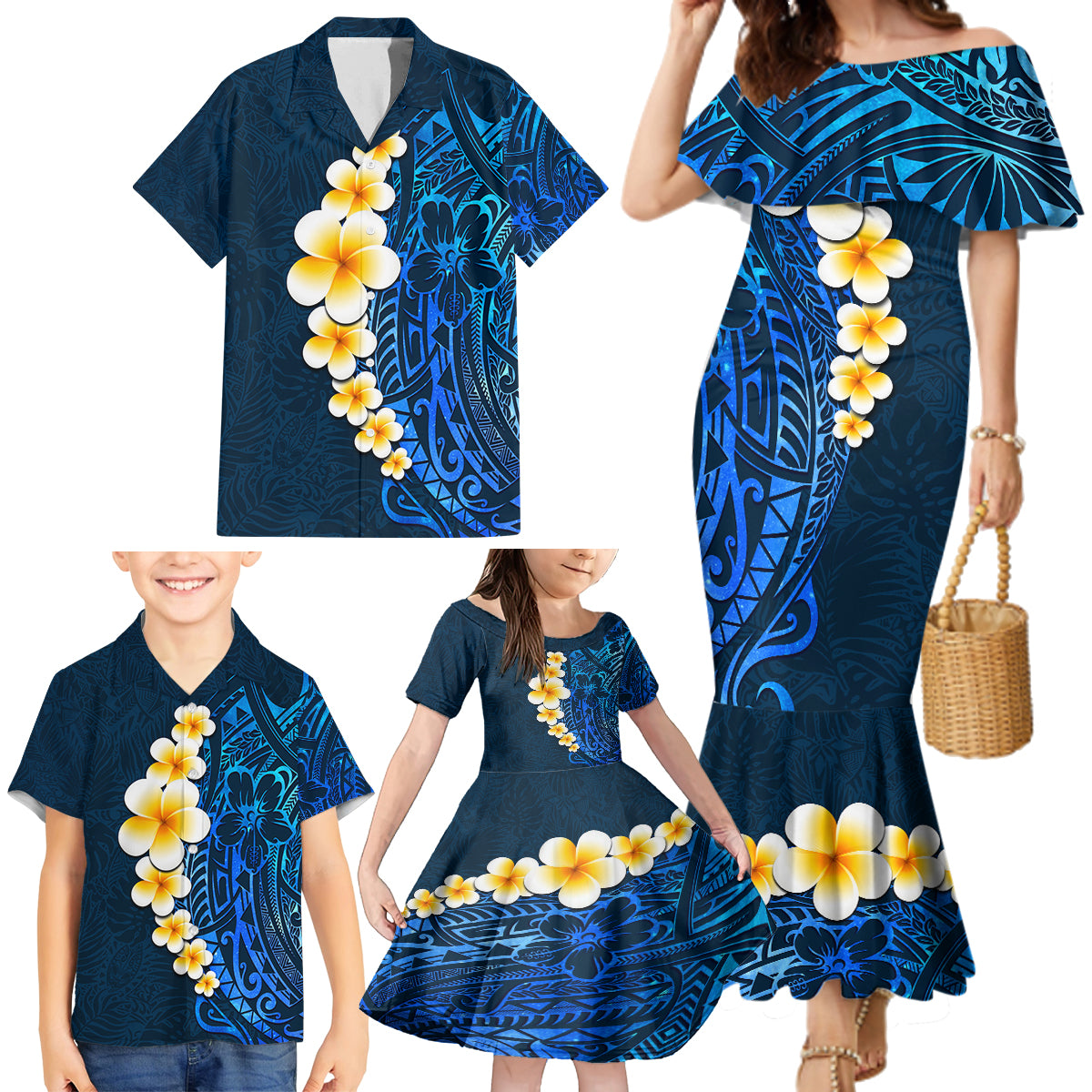 Blue Polynesia Family Matching Mermaid Dress and Hawaiian Shirt Plumeria Tropical Leaves With Galaxy Polynesian Art - Wonder Print Shop