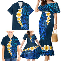 Blue Polynesia Family Matching Mermaid Dress and Hawaiian Shirt Plumeria Tropical Leaves With Galaxy Polynesian Art - Wonder Print Shop