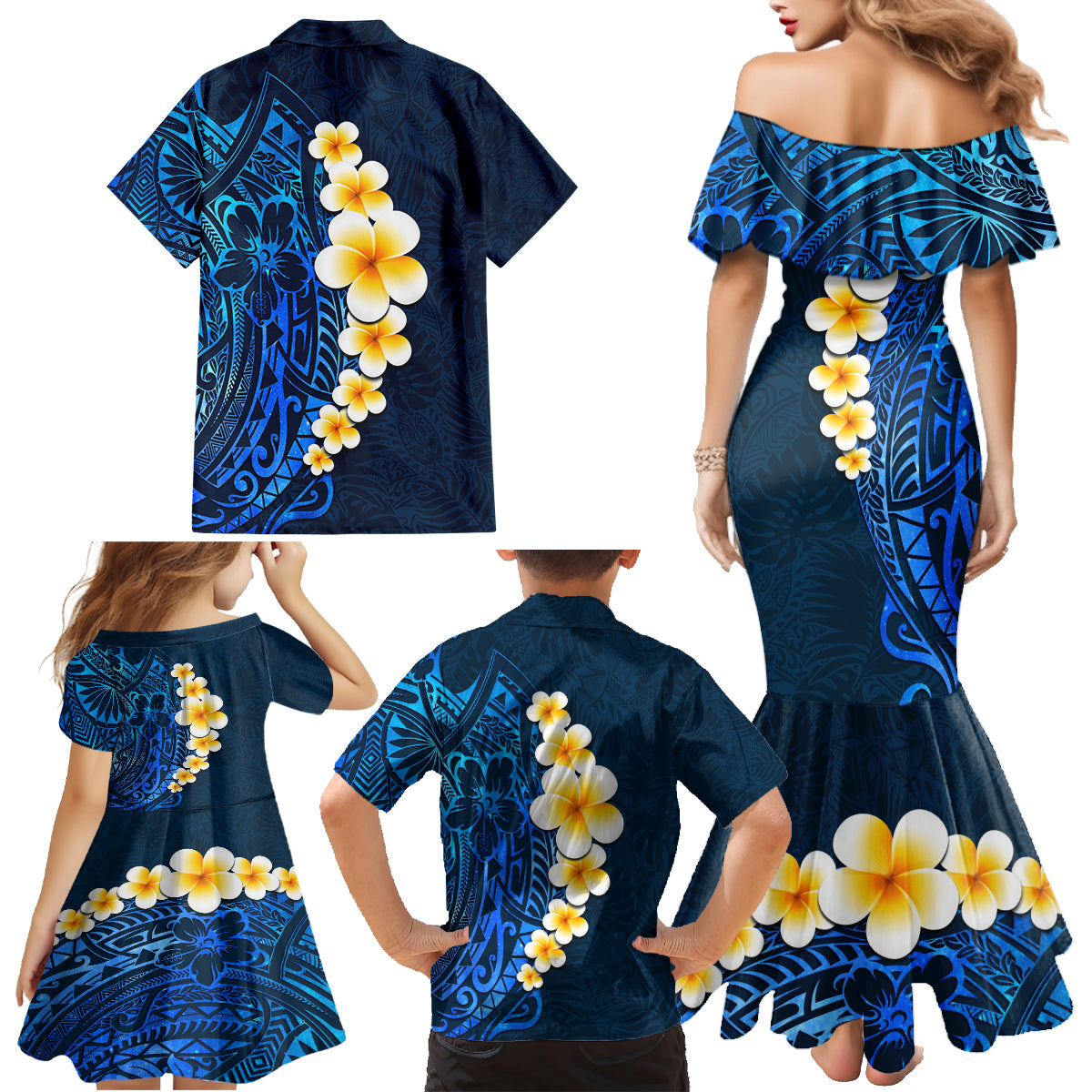Blue Polynesia Family Matching Mermaid Dress and Hawaiian Shirt Plumeria Tropical Leaves With Galaxy Polynesian Art - Wonder Print Shop