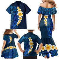 Blue Polynesia Family Matching Mermaid Dress and Hawaiian Shirt Plumeria Tropical Leaves With Galaxy Polynesian Art - Wonder Print Shop