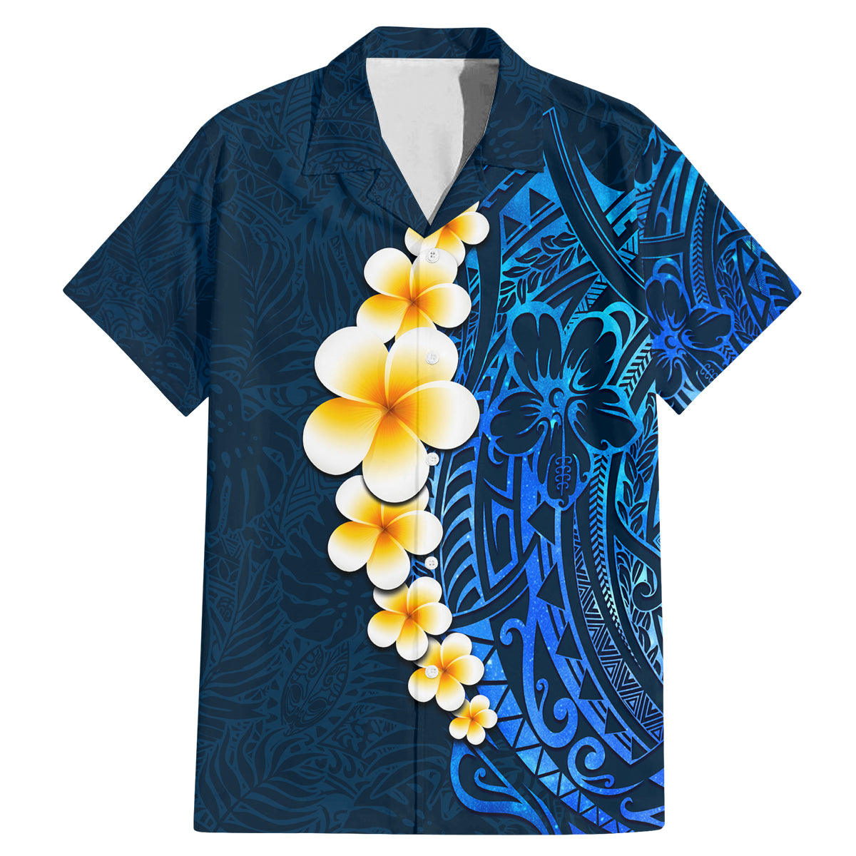 Blue Polynesia Family Matching Mermaid Dress and Hawaiian Shirt Plumeria Tropical Leaves With Galaxy Polynesian Art - Wonder Print Shop