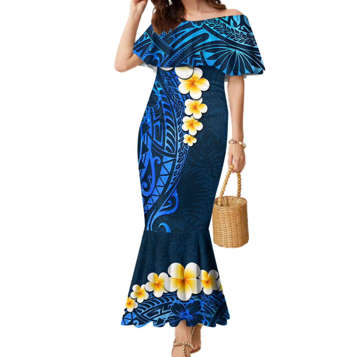 Blue Polynesia Family Matching Mermaid Dress and Hawaiian Shirt Plumeria Tropical Leaves With Galaxy Polynesian Art - Wonder Print Shop
