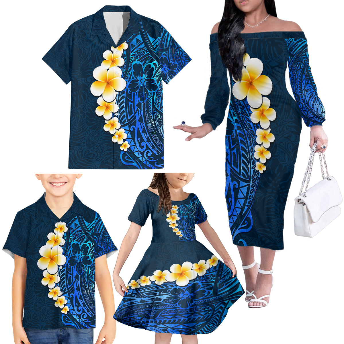 Blue Polynesia Family Matching Off Shoulder Long Sleeve Dress and Hawaiian Shirt Plumeria Tropical Leaves With Galaxy Polynesian Art - Wonder Print Shop