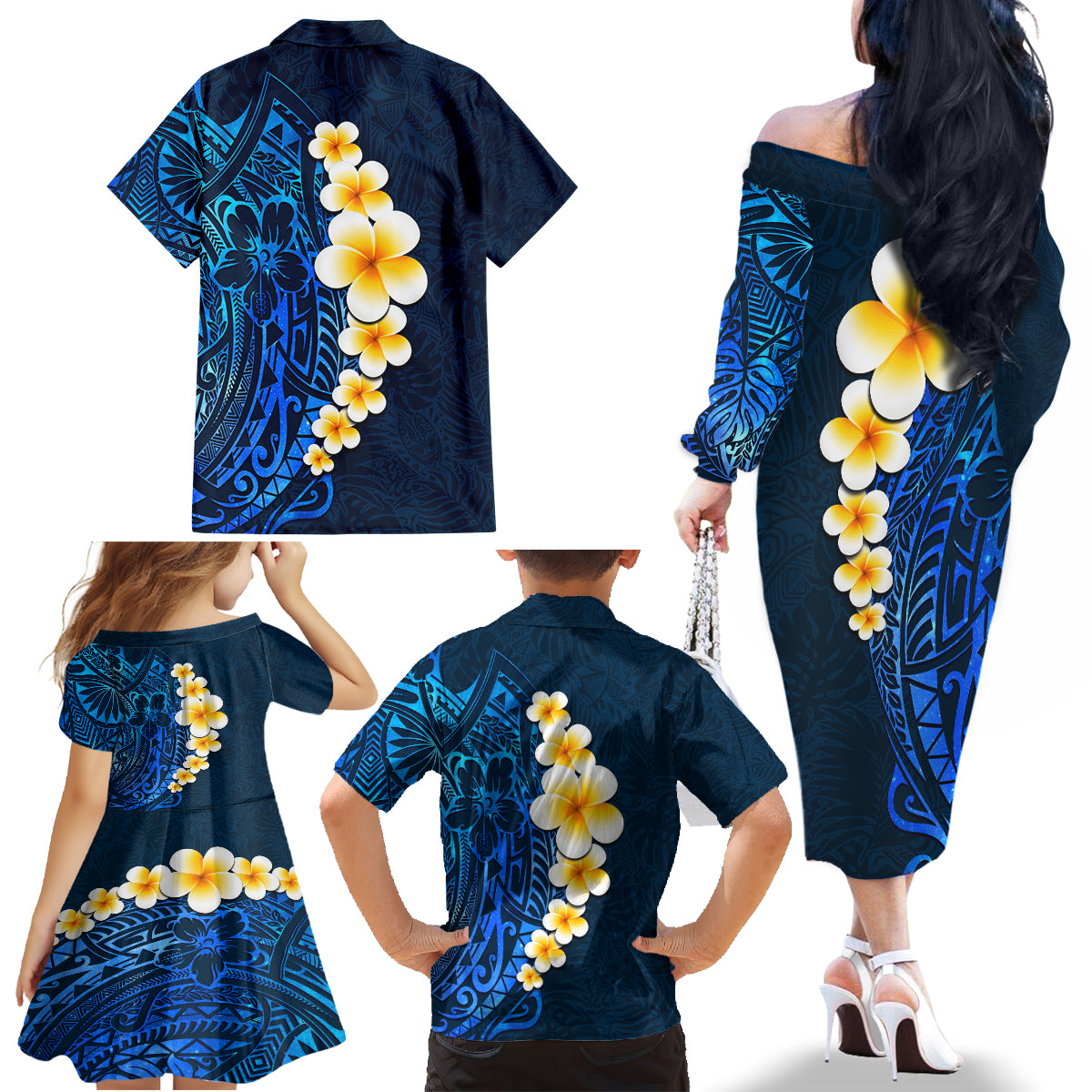 Blue Polynesia Family Matching Off Shoulder Long Sleeve Dress and Hawaiian Shirt Plumeria Tropical Leaves With Galaxy Polynesian Art - Wonder Print Shop