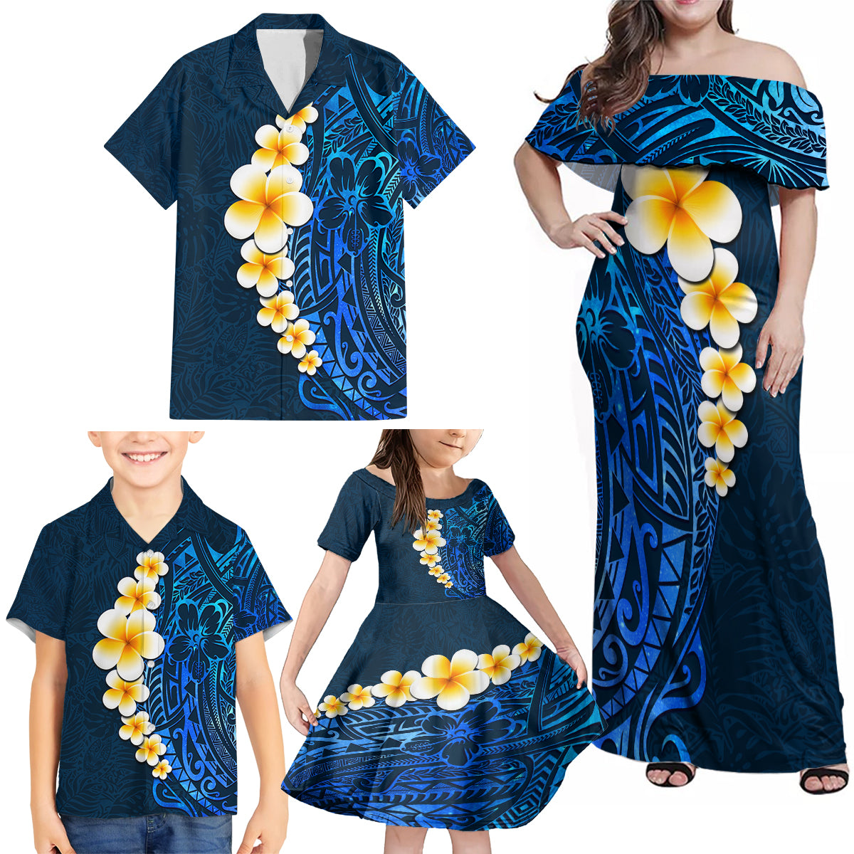 Blue Polynesia Family Matching Off Shoulder Maxi Dress and Hawaiian Shirt Plumeria Tropical Leaves With Galaxy Polynesian Art - Wonder Print Shop