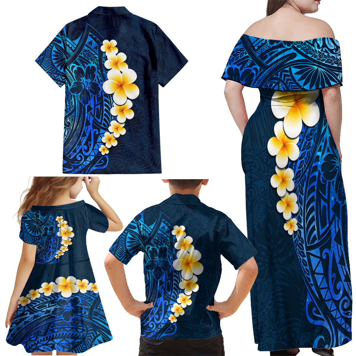 Blue Polynesia Family Matching Off Shoulder Maxi Dress and Hawaiian Shirt Plumeria Tropical Leaves With Galaxy Polynesian Art - Wonder Print Shop