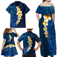 Blue Polynesia Family Matching Off Shoulder Maxi Dress and Hawaiian Shirt Plumeria Tropical Leaves With Galaxy Polynesian Art - Wonder Print Shop