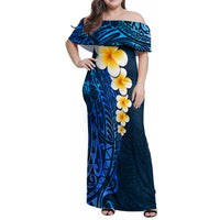 Blue Polynesia Family Matching Off Shoulder Maxi Dress and Hawaiian Shirt Plumeria Tropical Leaves With Galaxy Polynesian Art - Wonder Print Shop