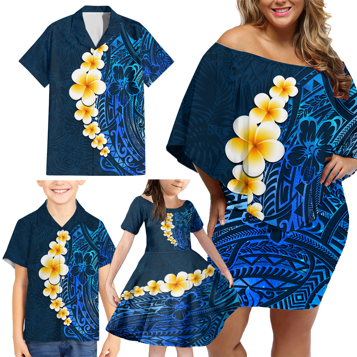 Blue Polynesia Family Matching Off Shoulder Short Dress and Hawaiian Shirt Plumeria Tropical Leaves With Galaxy Polynesian Art - Wonder Print Shop