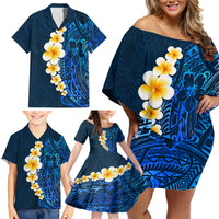 Blue Polynesia Family Matching Off Shoulder Short Dress and Hawaiian Shirt Plumeria Tropical Leaves With Galaxy Polynesian Art - Wonder Print Shop