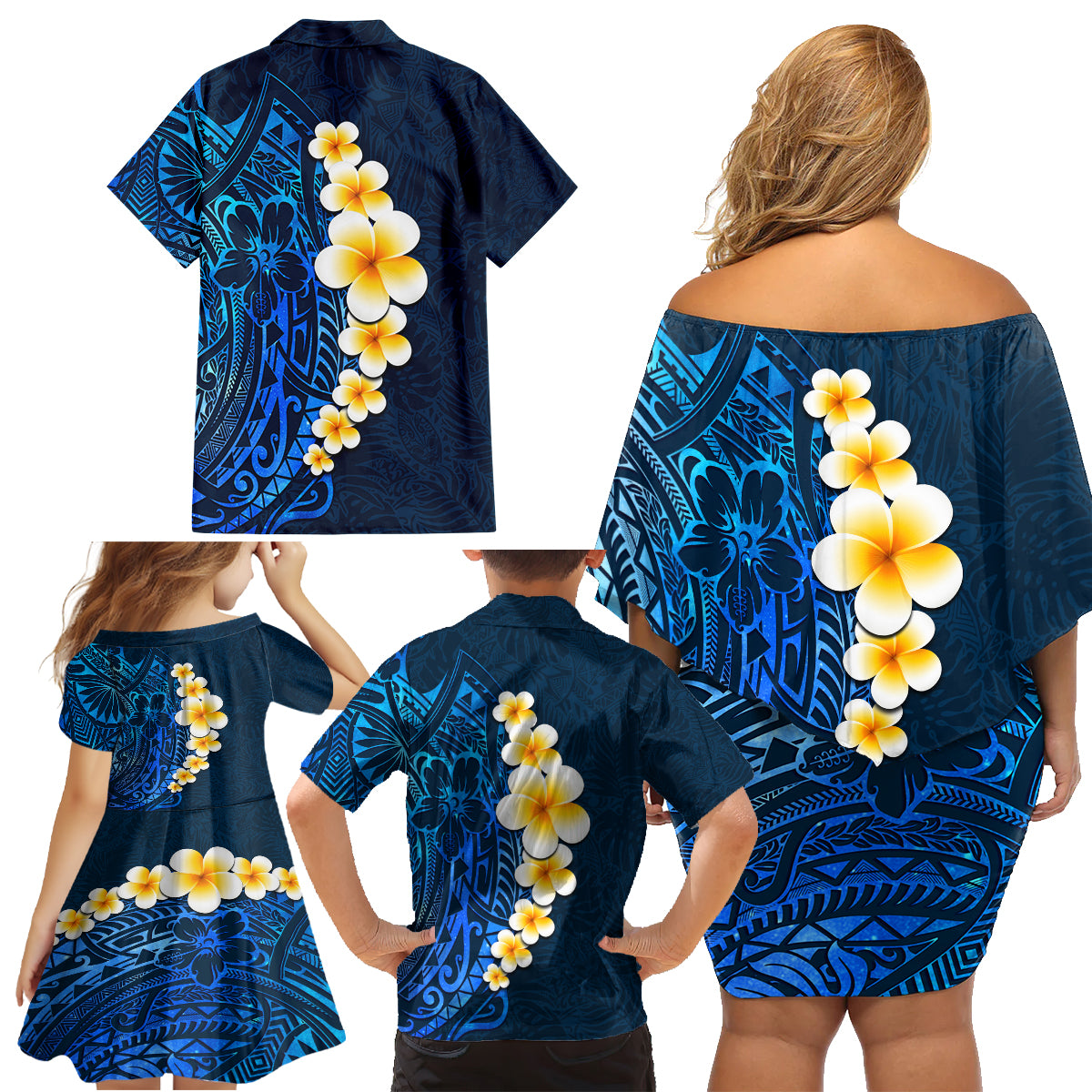 Blue Polynesia Family Matching Off Shoulder Short Dress and Hawaiian Shirt Plumeria Tropical Leaves With Galaxy Polynesian Art - Wonder Print Shop