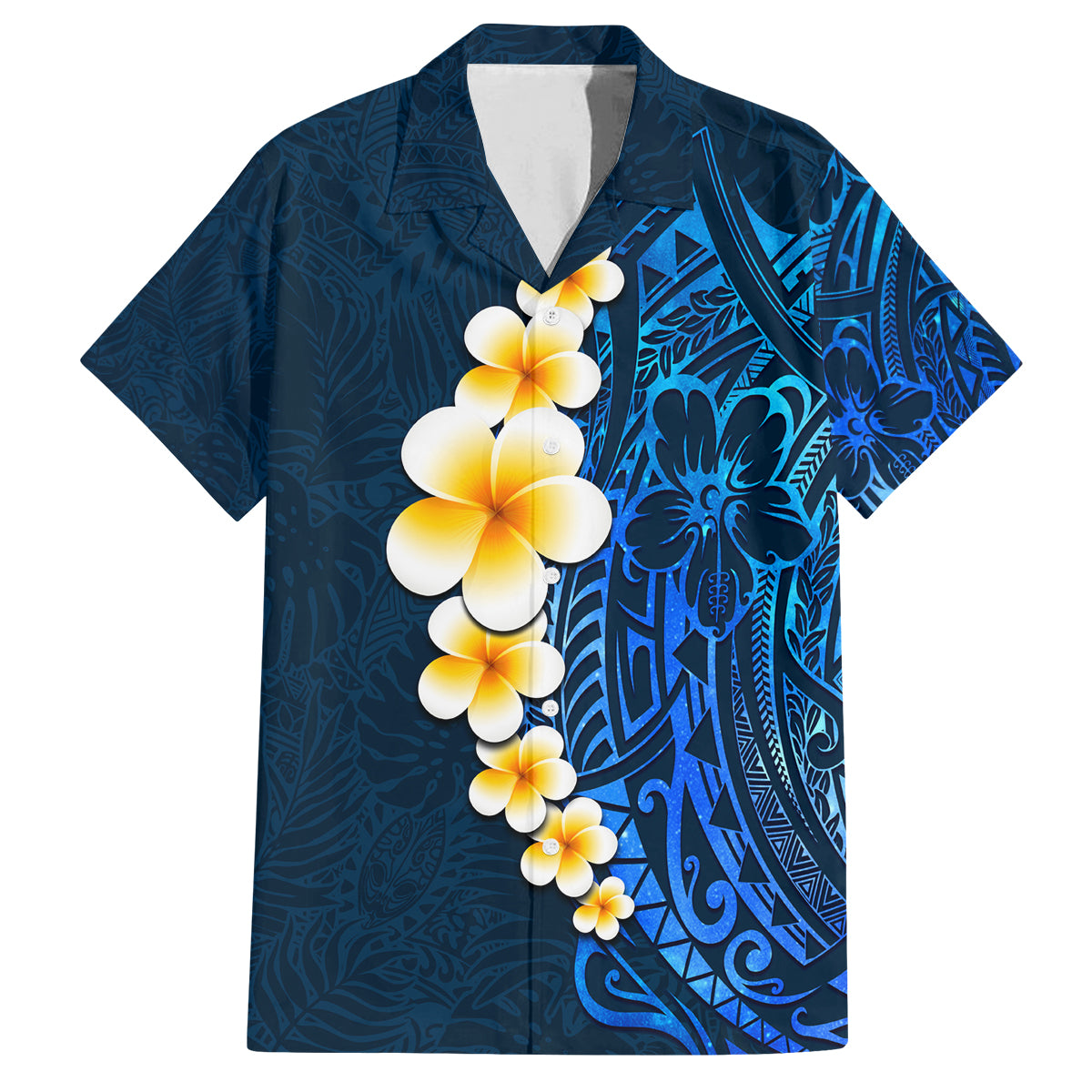 Blue Polynesia Family Matching Off Shoulder Short Dress and Hawaiian Shirt Plumeria Tropical Leaves With Galaxy Polynesian Art - Wonder Print Shop