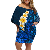 Blue Polynesia Family Matching Off Shoulder Short Dress and Hawaiian Shirt Plumeria Tropical Leaves With Galaxy Polynesian Art - Wonder Print Shop