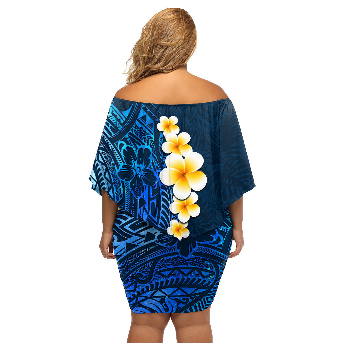 Blue Polynesia Family Matching Off Shoulder Short Dress and Hawaiian Shirt Plumeria Tropical Leaves With Galaxy Polynesian Art - Wonder Print Shop