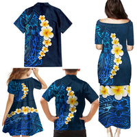 Blue Polynesia Family Matching Puletasi Dress and Hawaiian Shirt Plumeria Tropical Leaves With Galaxy Polynesian Art - Wonder Print Shop
