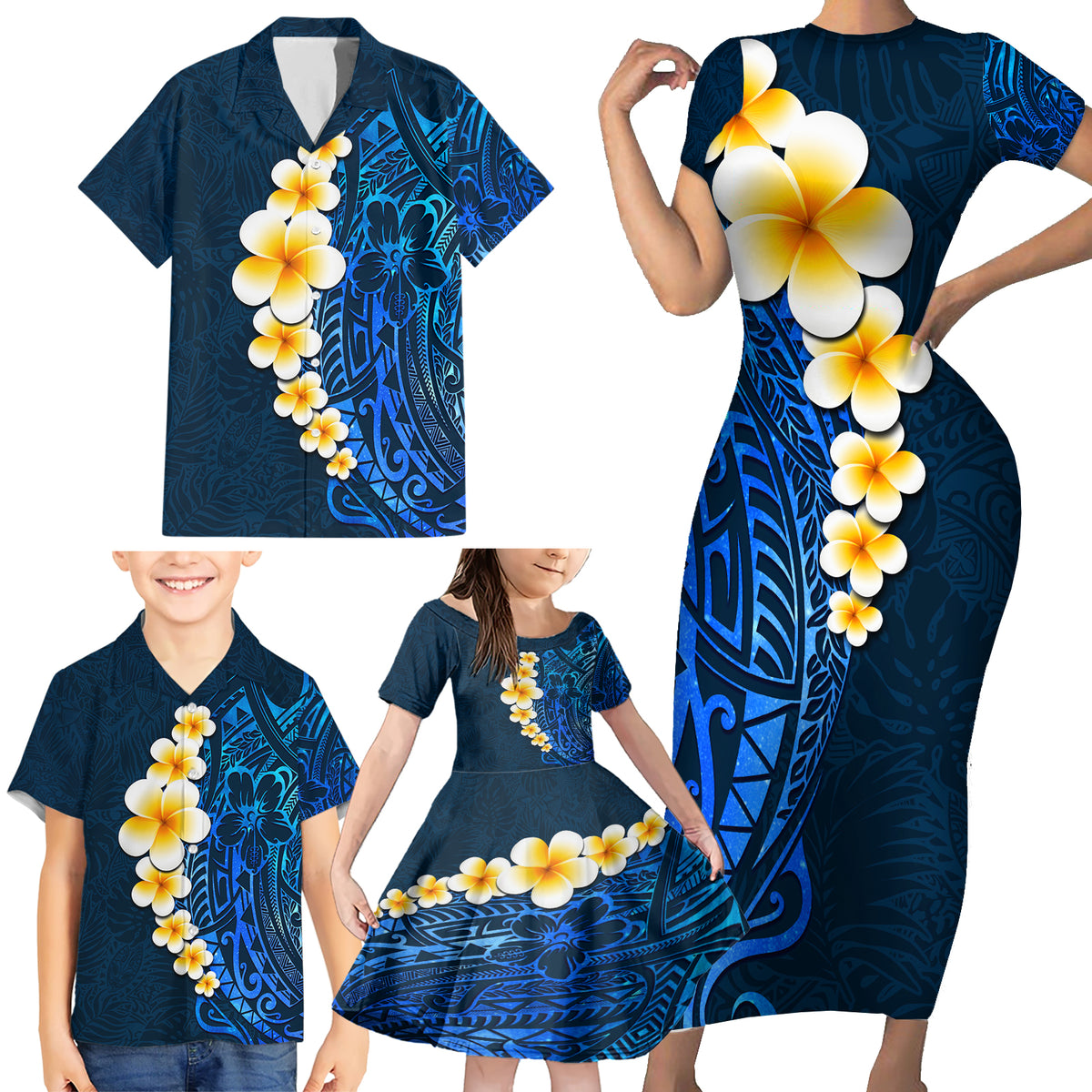 Blue Polynesia Family Matching Short Sleeve Bodycon Dress and Hawaiian Shirt Plumeria Tropical Leaves With Galaxy Polynesian Art - Wonder Print Shop