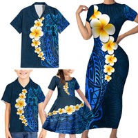 Blue Polynesia Family Matching Short Sleeve Bodycon Dress and Hawaiian Shirt Plumeria Tropical Leaves With Galaxy Polynesian Art - Wonder Print Shop