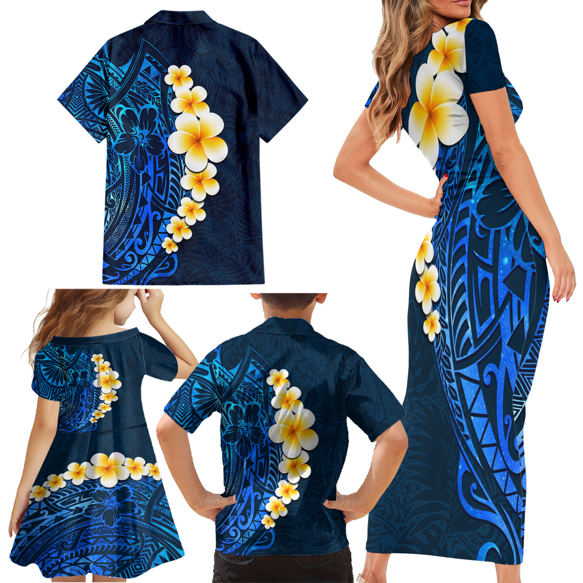 Blue Polynesia Family Matching Short Sleeve Bodycon Dress and Hawaiian Shirt Plumeria Tropical Leaves With Galaxy Polynesian Art - Wonder Print Shop