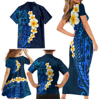 Blue Polynesia Family Matching Short Sleeve Bodycon Dress and Hawaiian Shirt Plumeria Tropical Leaves With Galaxy Polynesian Art - Wonder Print Shop