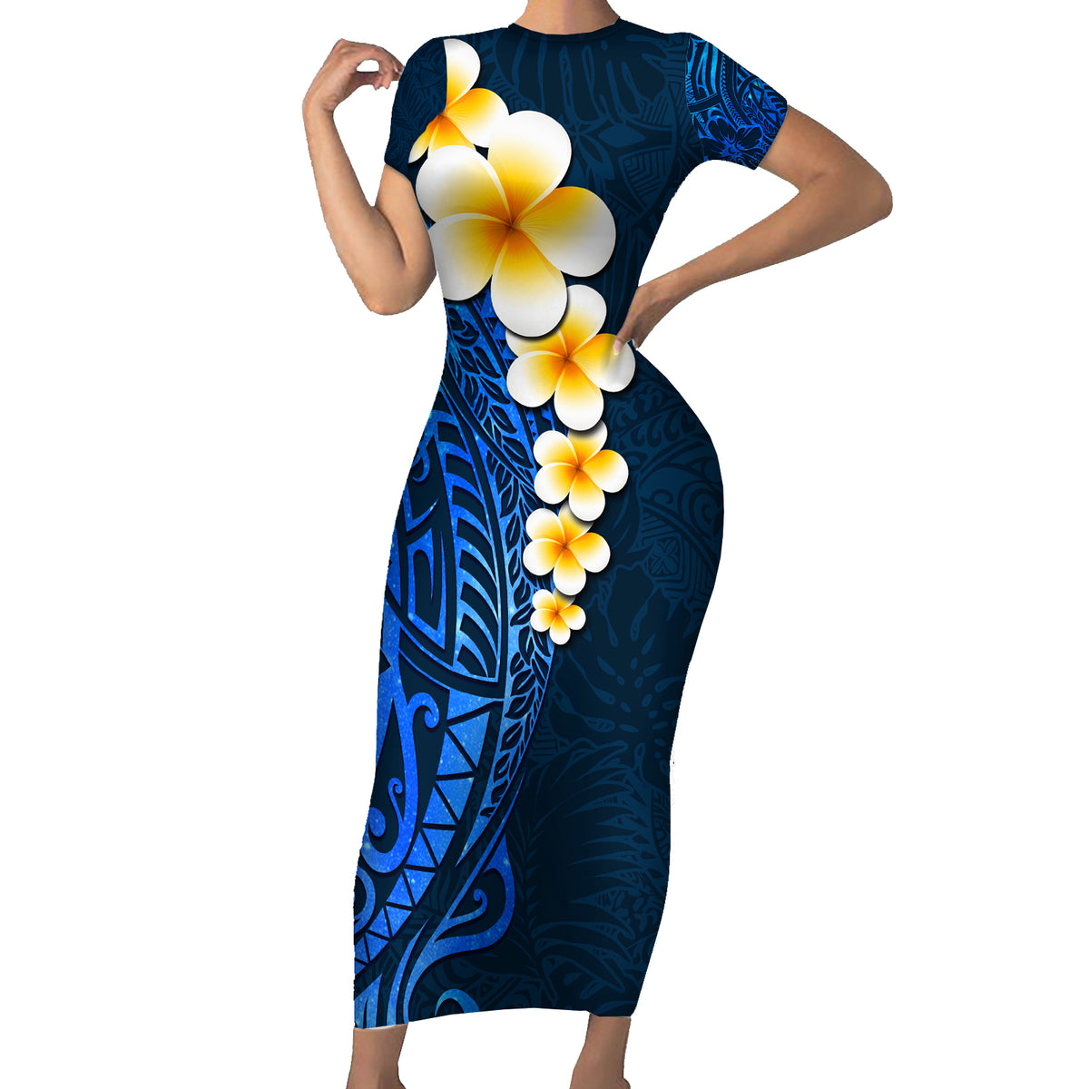 Blue Polynesia Family Matching Short Sleeve Bodycon Dress and Hawaiian Shirt Plumeria Tropical Leaves With Galaxy Polynesian Art - Wonder Print Shop