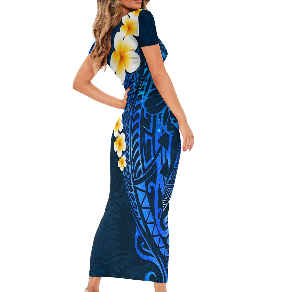 Blue Polynesia Family Matching Short Sleeve Bodycon Dress and Hawaiian Shirt Plumeria Tropical Leaves With Galaxy Polynesian Art - Wonder Print Shop