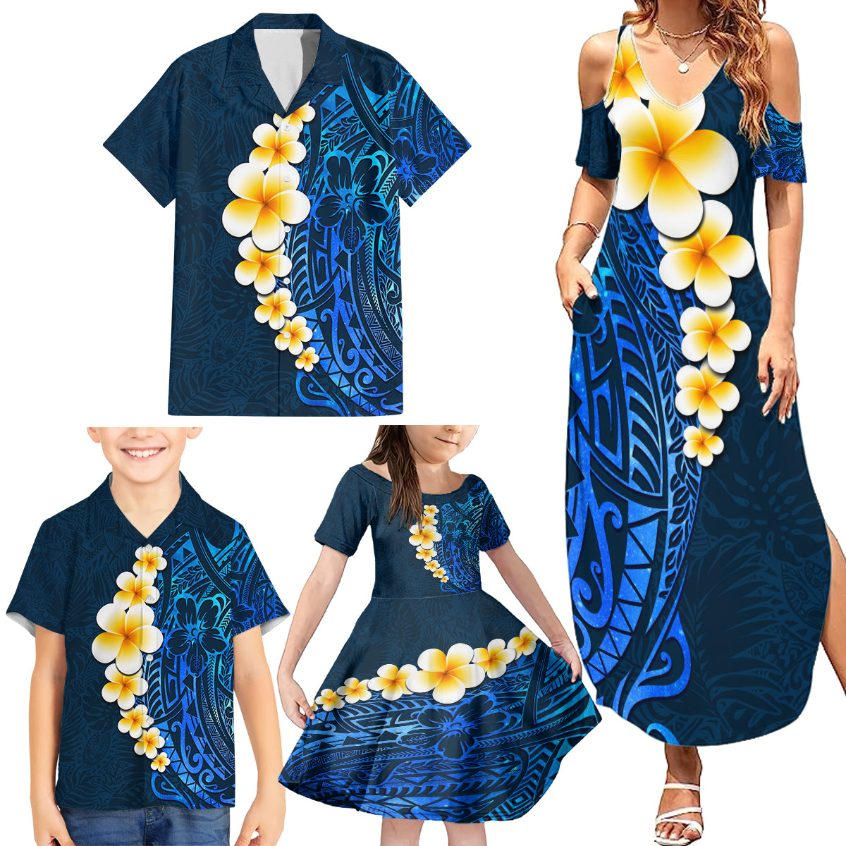 Blue Polynesia Family Matching Summer Maxi Dress and Hawaiian Shirt Plumeria Tropical Leaves With Galaxy Polynesian Art - Wonder Print Shop