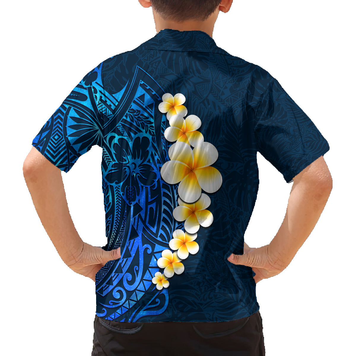 Blue Polynesia Family Matching Tank Maxi Dress and Hawaiian Shirt Plumeria Tropical Leaves With Galaxy Polynesian Art - Wonder Print Shop