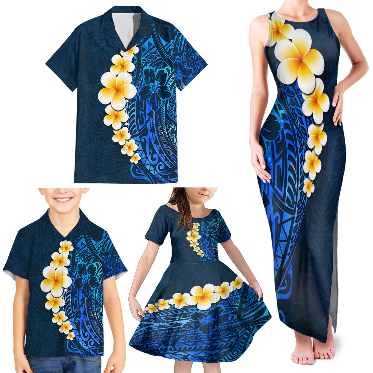 Blue Polynesia Family Matching Tank Maxi Dress and Hawaiian Shirt Plumeria Tropical Leaves With Galaxy Polynesian Art - Wonder Print Shop