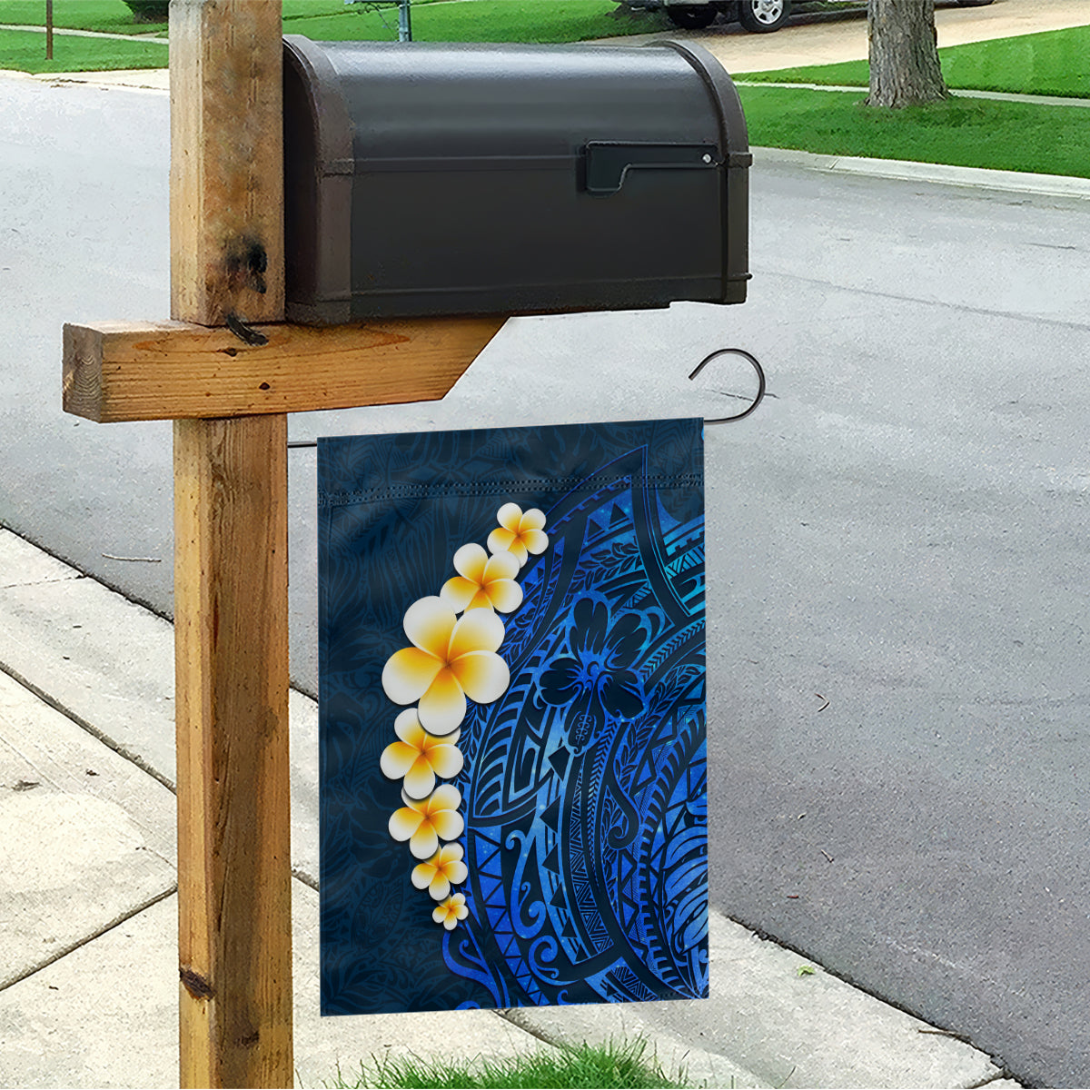 Blue Polynesia Garden Flag Plumeria Tropical Leaves With Galaxy Polynesian Art - Wonder Print Shop