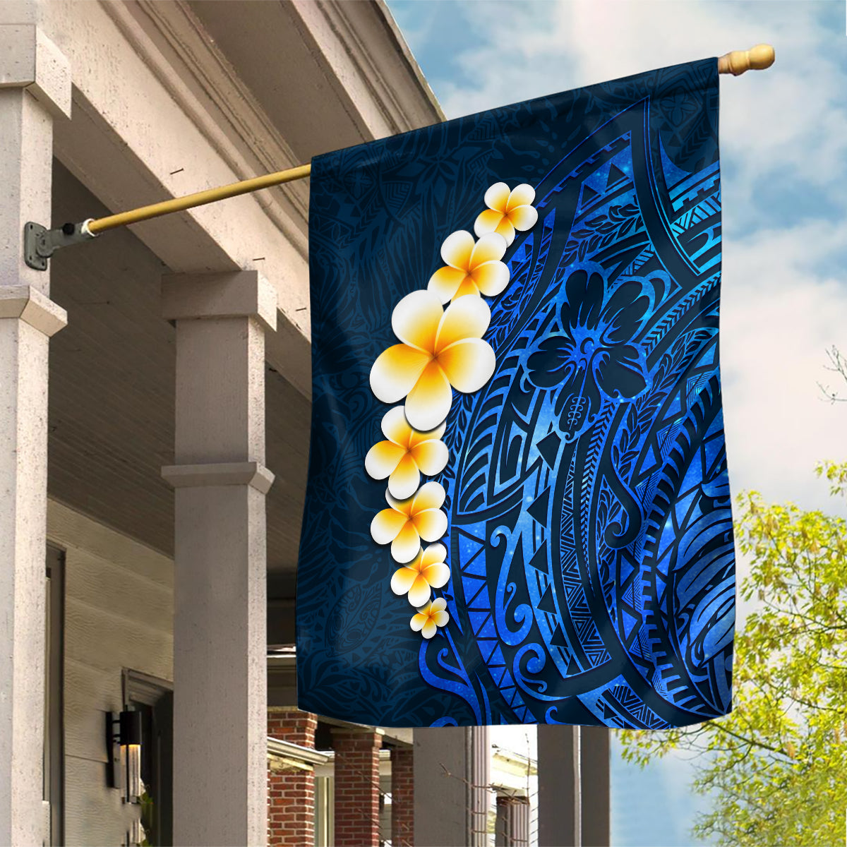 Blue Polynesia Garden Flag Plumeria Tropical Leaves With Galaxy Polynesian Art - Wonder Print Shop