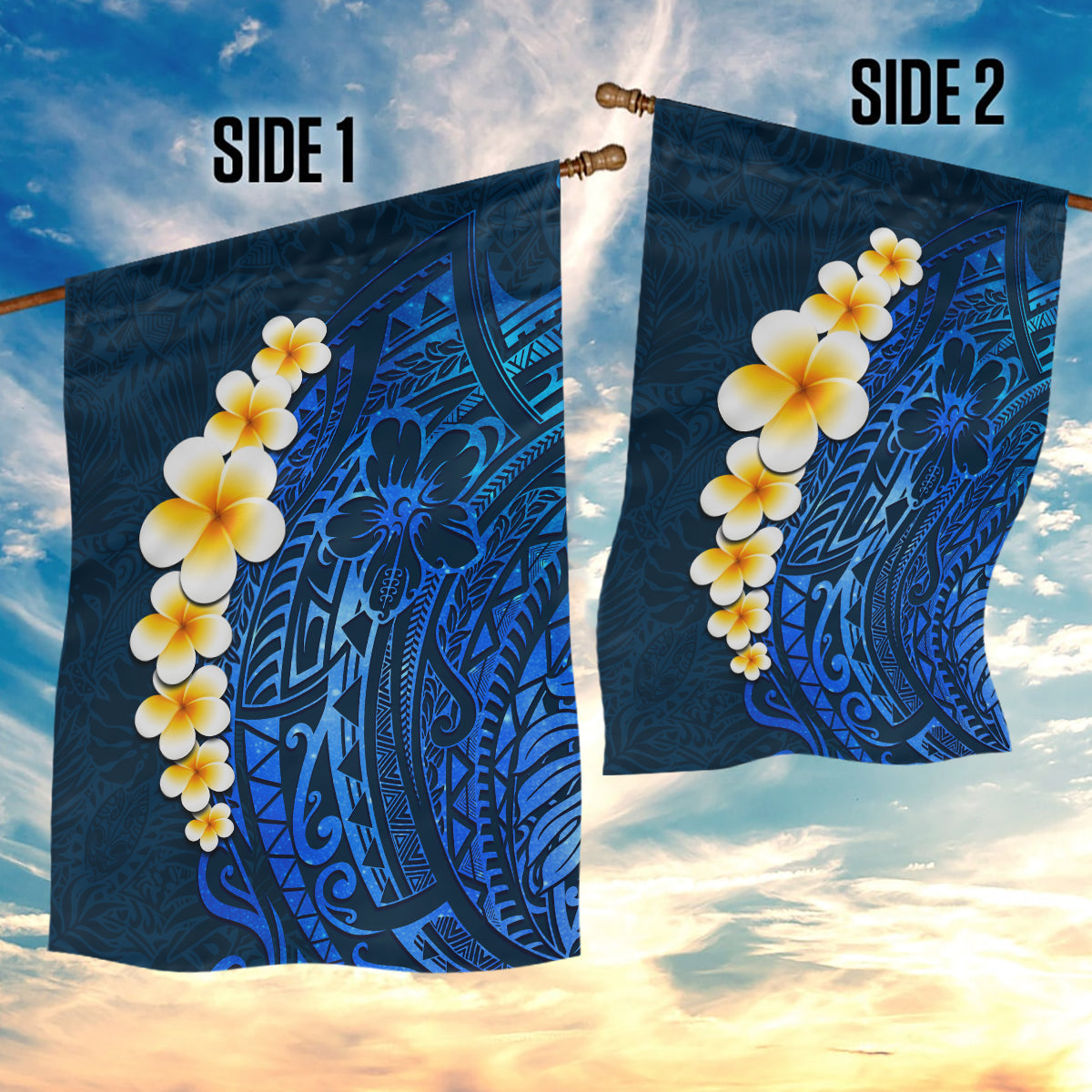 Blue Polynesia Garden Flag Plumeria Tropical Leaves With Galaxy Polynesian Art - Wonder Print Shop