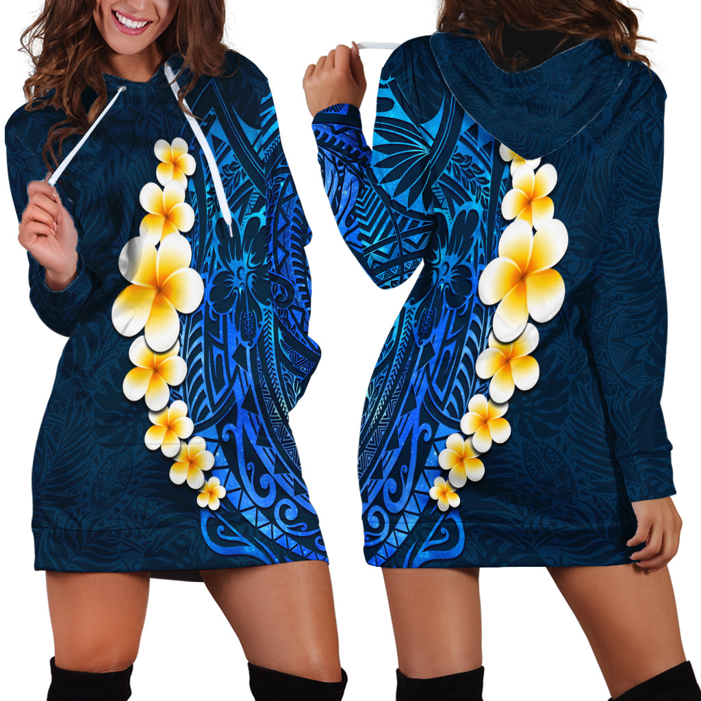 Blue Polynesia Hoodie Dress Plumeria Tropical Leaves With Galaxy Polynesian Art - Wonder Print Shop