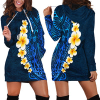 Blue Polynesia Hoodie Dress Plumeria Tropical Leaves With Galaxy Polynesian Art - Wonder Print Shop