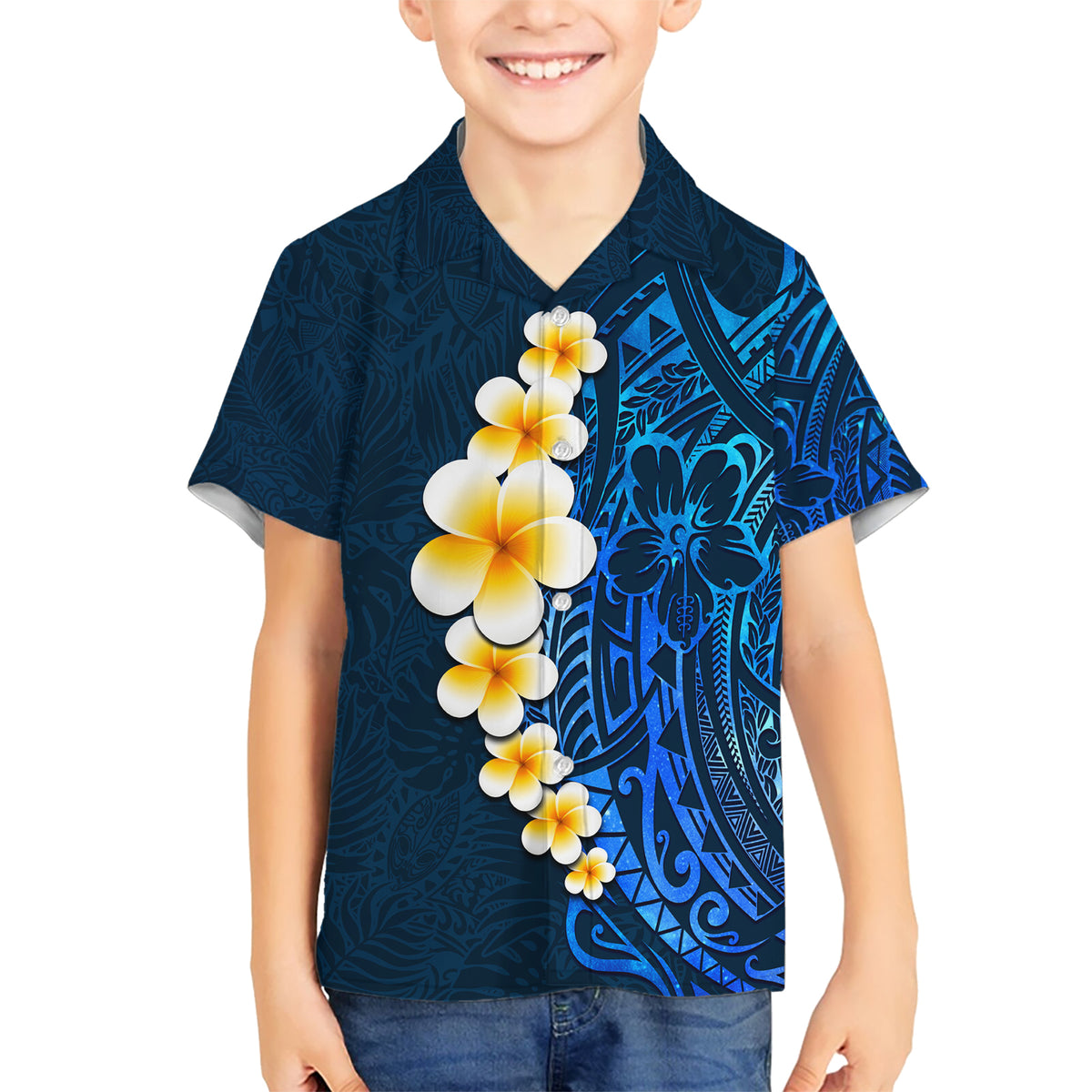 Blue Polynesia Kid Hawaiian Shirt Plumeria Tropical Leaves With Galaxy Polynesian Art - Wonder Print Shop