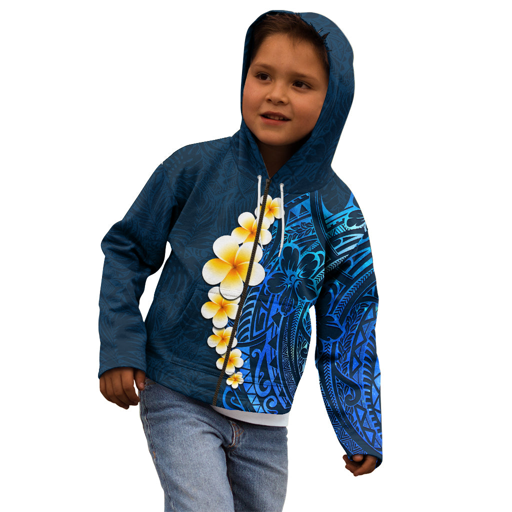 Blue Polynesia Kid Hoodie Plumeria Tropical Leaves With Galaxy Polynesian Art - Wonder Print Shop