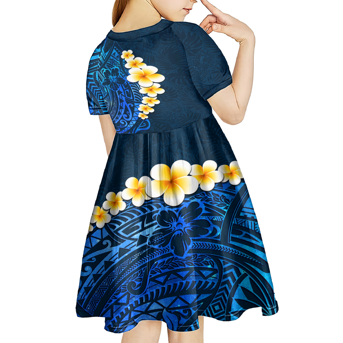 Blue Polynesia Kid Short Sleeve Dress Plumeria Tropical Leaves With Galaxy Polynesian Art - Wonder Print Shop