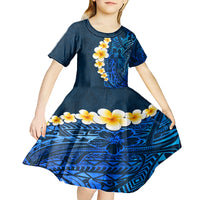 Blue Polynesia Kid Short Sleeve Dress Plumeria Tropical Leaves With Galaxy Polynesian Art - Wonder Print Shop