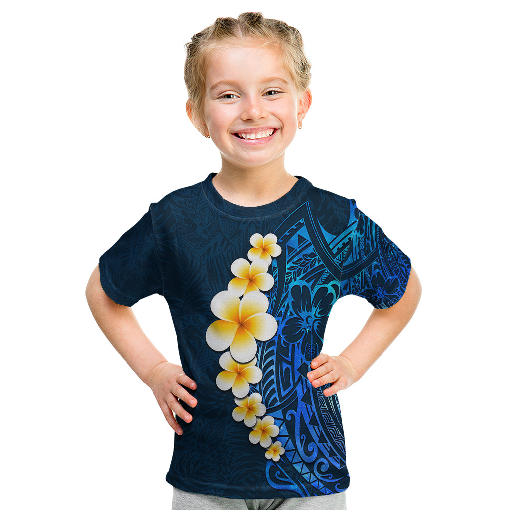 Blue Polynesia Kid T Shirt Plumeria Tropical Leaves With Galaxy Polynesian Art - Wonder Print Shop