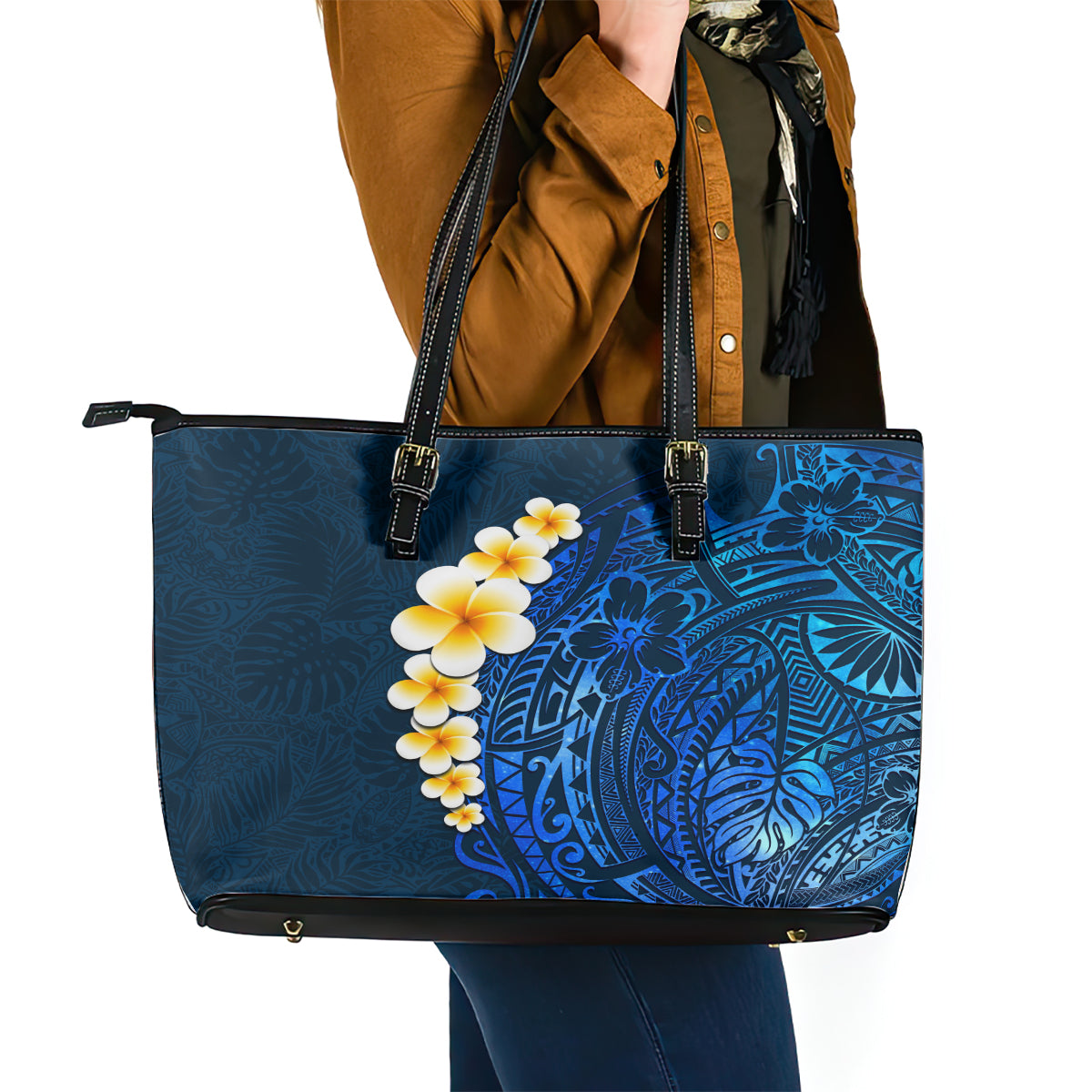 Blue Polynesia Leather Tote Bag Plumeria Tropical Leaves With Galaxy Polynesian Art - Wonder Print Shop