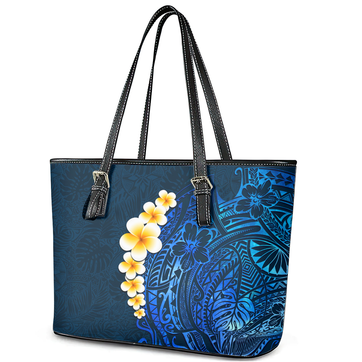 Blue Polynesia Leather Tote Bag Plumeria Tropical Leaves With Galaxy Polynesian Art - Wonder Print Shop