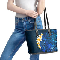 Blue Polynesia Leather Tote Bag Plumeria Tropical Leaves With Galaxy Polynesian Art - Wonder Print Shop