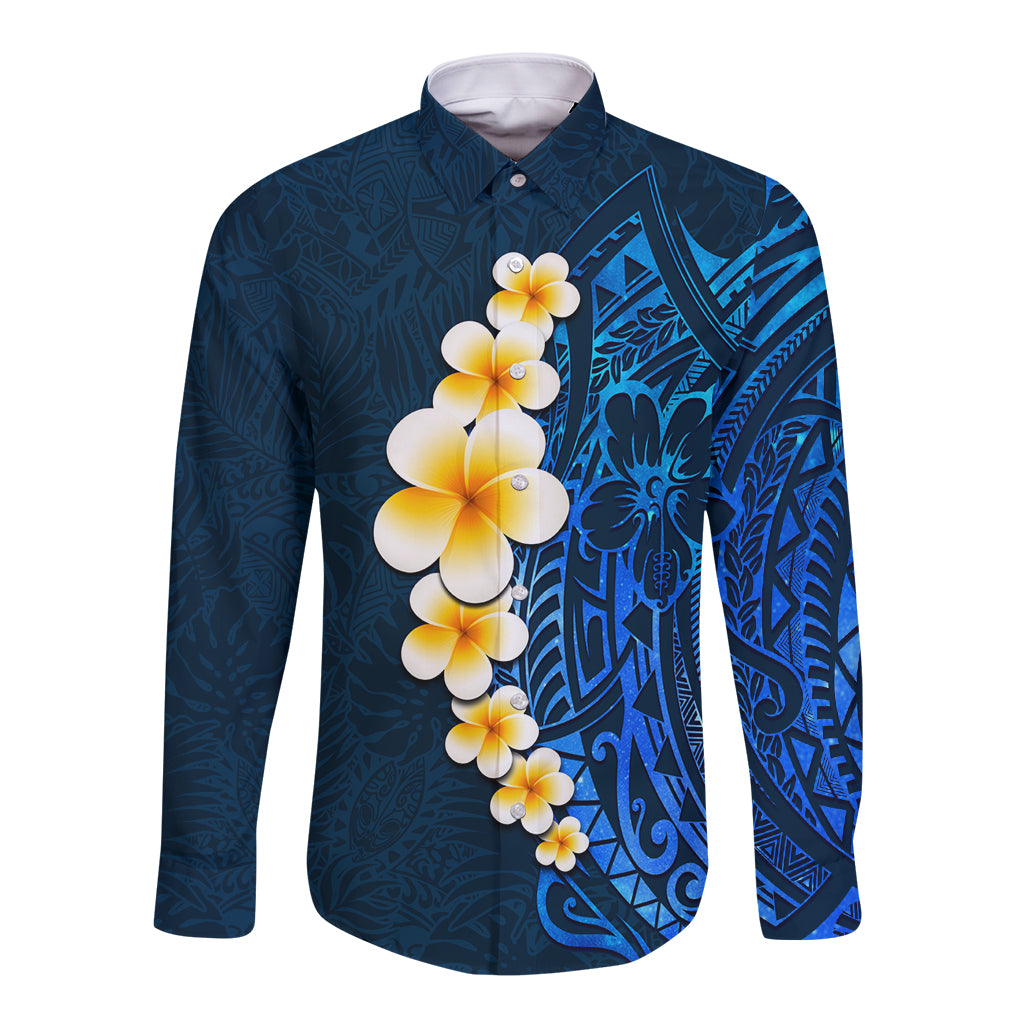 Blue Polynesia Long Sleeve Button Shirt Plumeria Tropical Leaves With Galaxy Polynesian Art - Wonder Print Shop