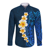 Blue Polynesia Long Sleeve Button Shirt Plumeria Tropical Leaves With Galaxy Polynesian Art - Wonder Print Shop