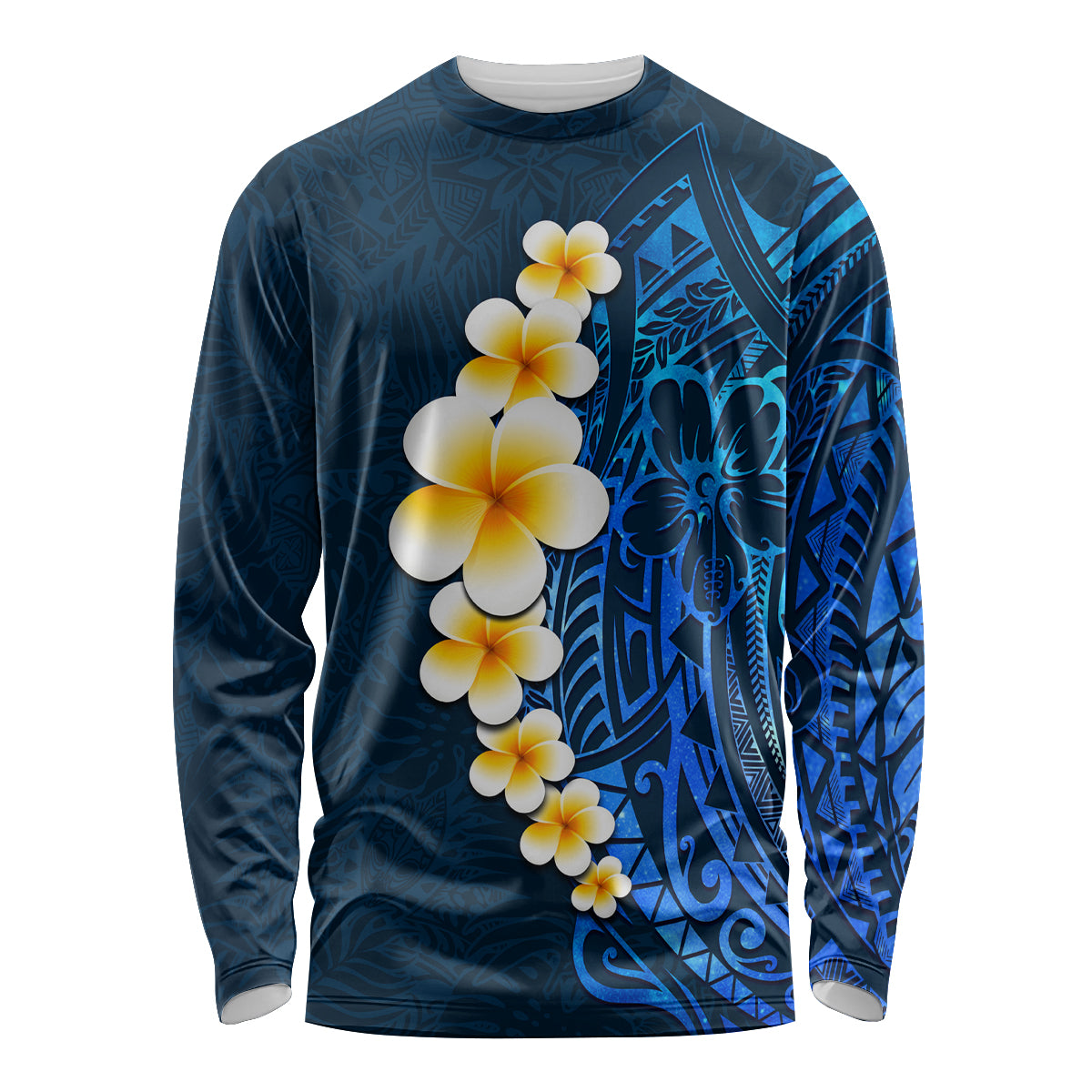Blue Polynesia Long Sleeve Shirt Plumeria Tropical Leaves With Galaxy Polynesian Art - Wonder Print Shop
