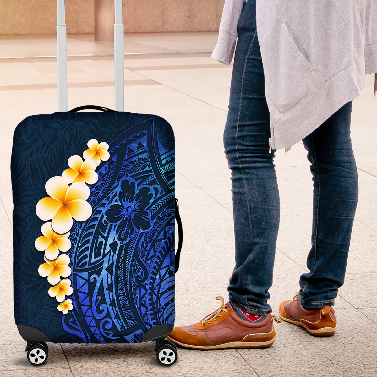Blue Polynesia Luggage Cover Plumeria Tropical Leaves With Galaxy Polynesian Art - Wonder Print Shop