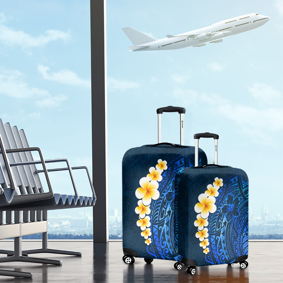 Blue Polynesia Luggage Cover Plumeria Tropical Leaves With Galaxy Polynesian Art - Wonder Print Shop