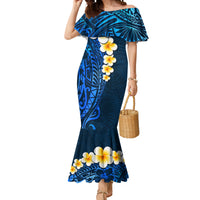 Blue Polynesia Mermaid Dress Plumeria Tropical Leaves With Galaxy Polynesian Art - Wonder Print Shop