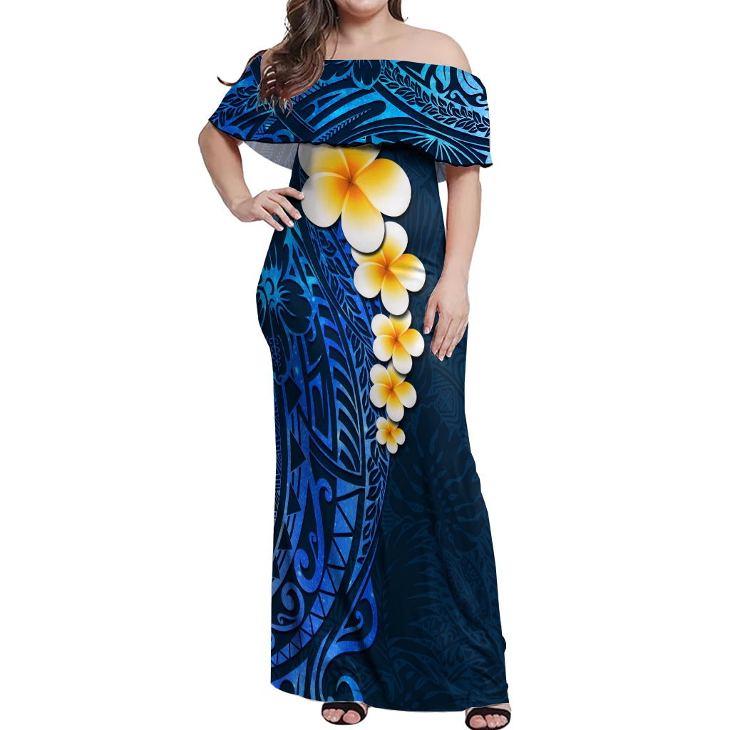 Blue Polynesia Off Shoulder Maxi Dress Plumeria Tropical Leaves With Galaxy Polynesian Art - Wonder Print Shop